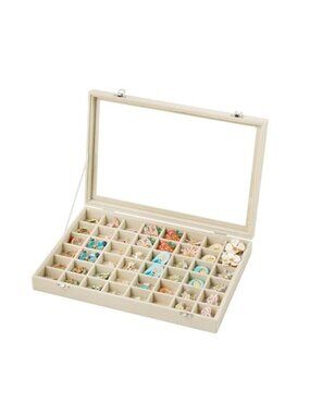 48 Grid Jewelry Organizer Tray Glass Lid Velvet Ring Earring Display Storage Box
